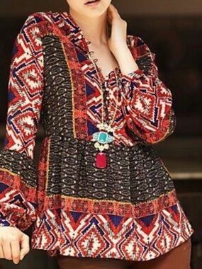 Konrad & Joseph XS Bohemian Geo Print Peasant Blouse,red,blue/black,festival